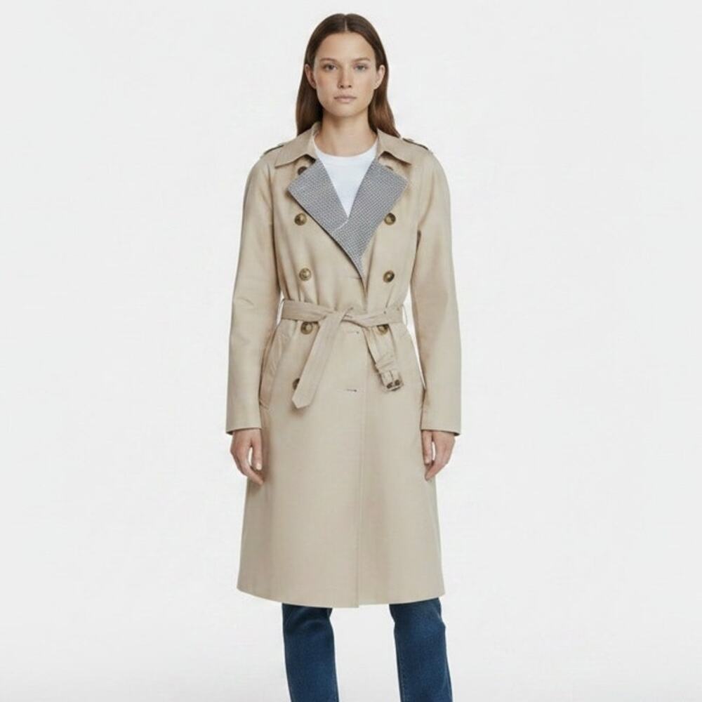 AQUA Beige Cotton Gingham Collar Trench Coat XS New